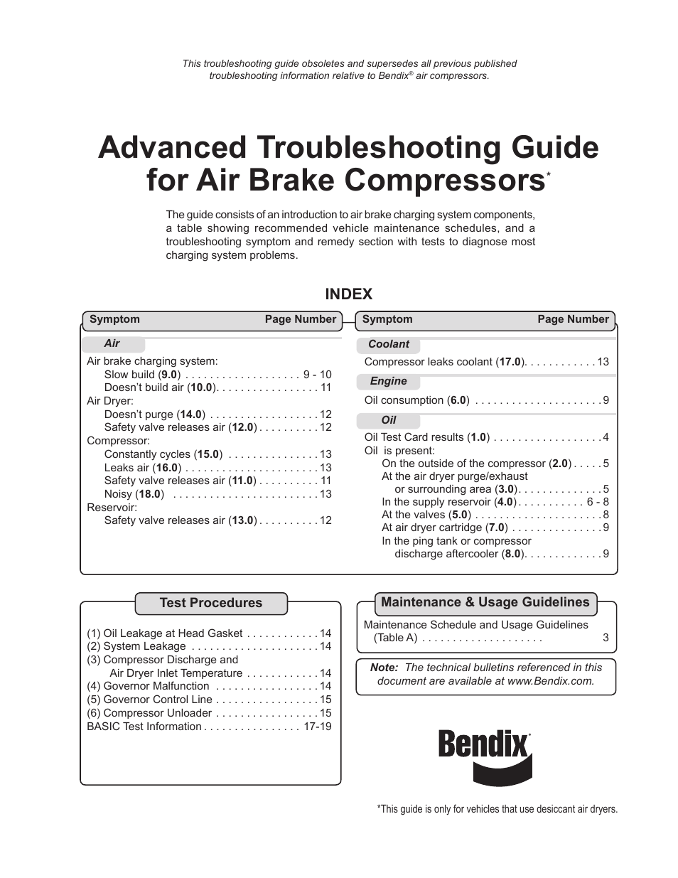 Bendix Commercial Vehicle Systems TROUBLE SHOOTING COMPRESSOR User Manual | 20 pages