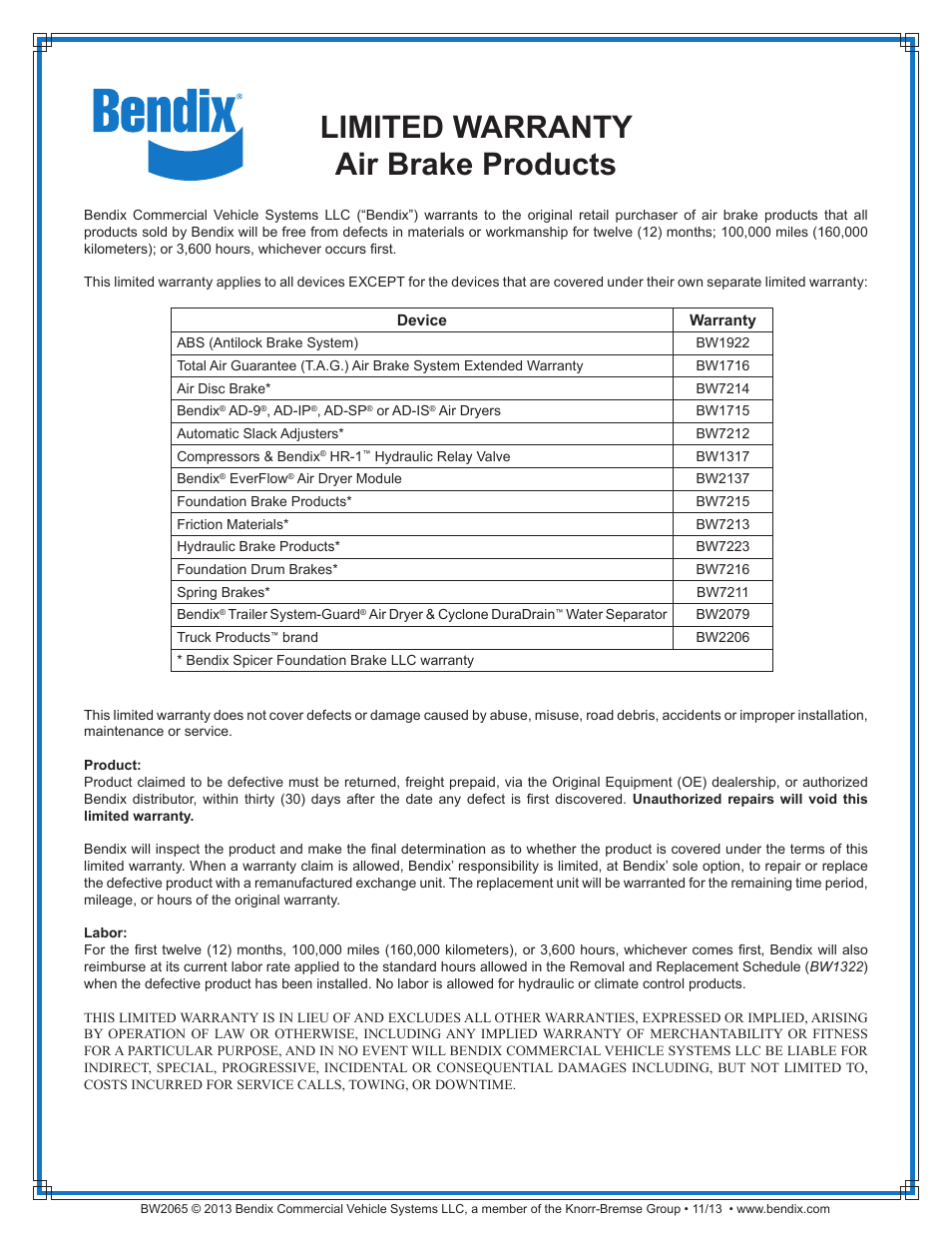 Bendix Commercial Vehicle Systems LIMITED WARRANTY AIR BRAKE PRODUCTS User Manual | 1 page