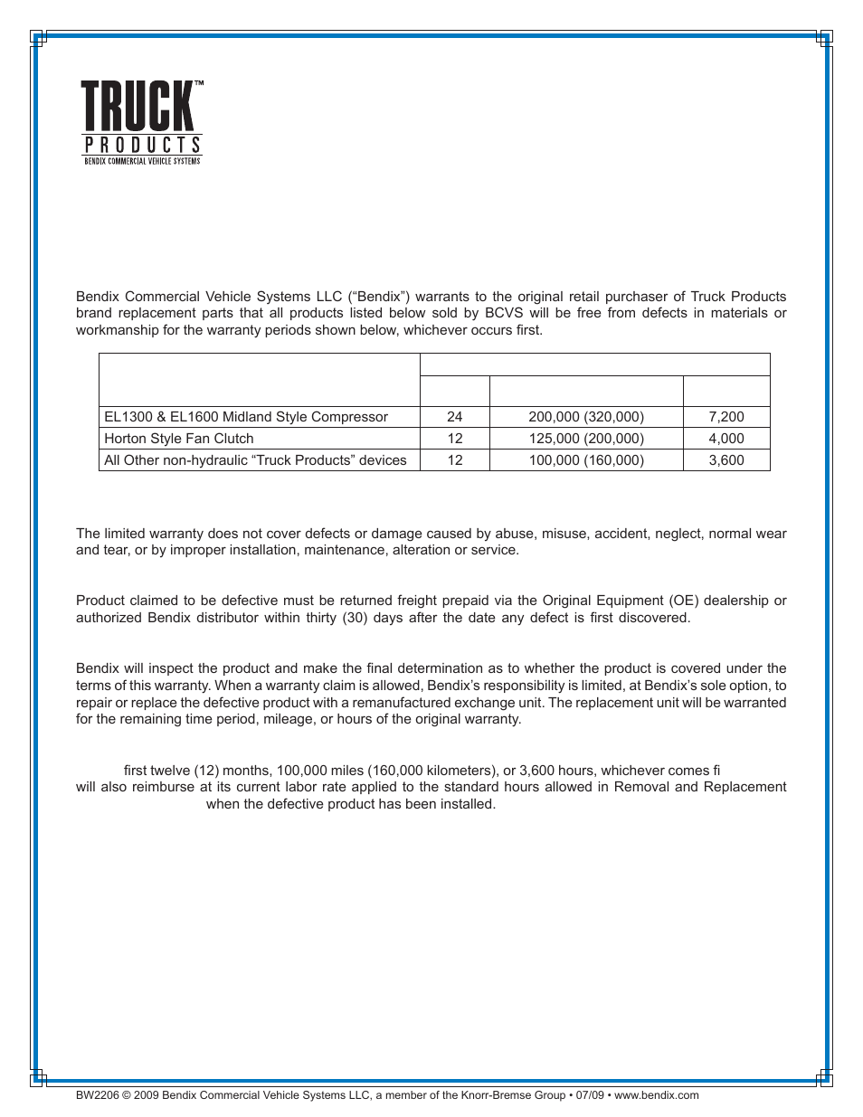 Bendix Commercial Vehicle Systems TRUCK PRODUCTS WARRANTY User Manual | 1 page