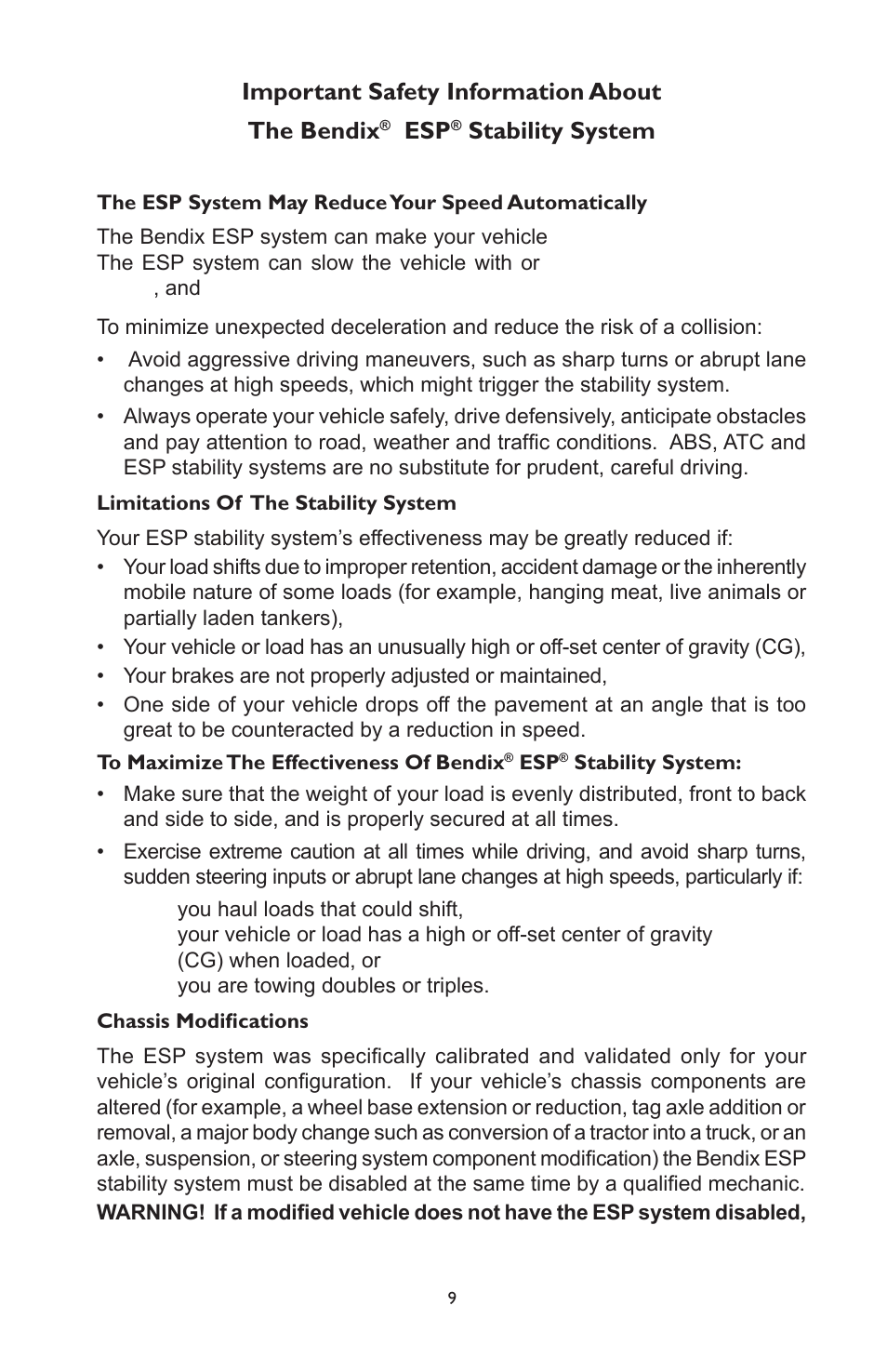 Important safety information about the bendix, Stability system | Bendix Commercial Vehicle Systems ABS OPERATORS MANUAL ESP 4/11 User Manual | Page 9 / 12