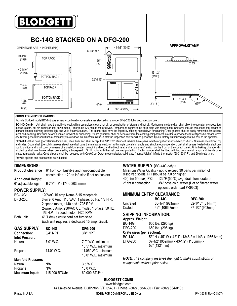 Water supply, Minimum entry clearance, Shipping information | Dimensions, Power supply, Gas supply | Blodgett DFG-200 User Manual | Page 3 / 3