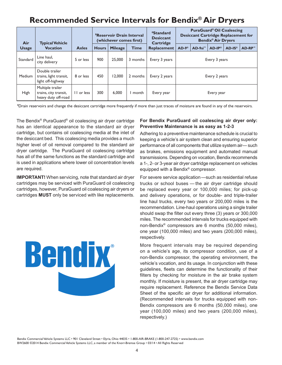 Recommended service intervals for bendix, Air dryers | Bendix Commercial Vehicle Systems AIR DRYER User Manual | Page 4 / 4