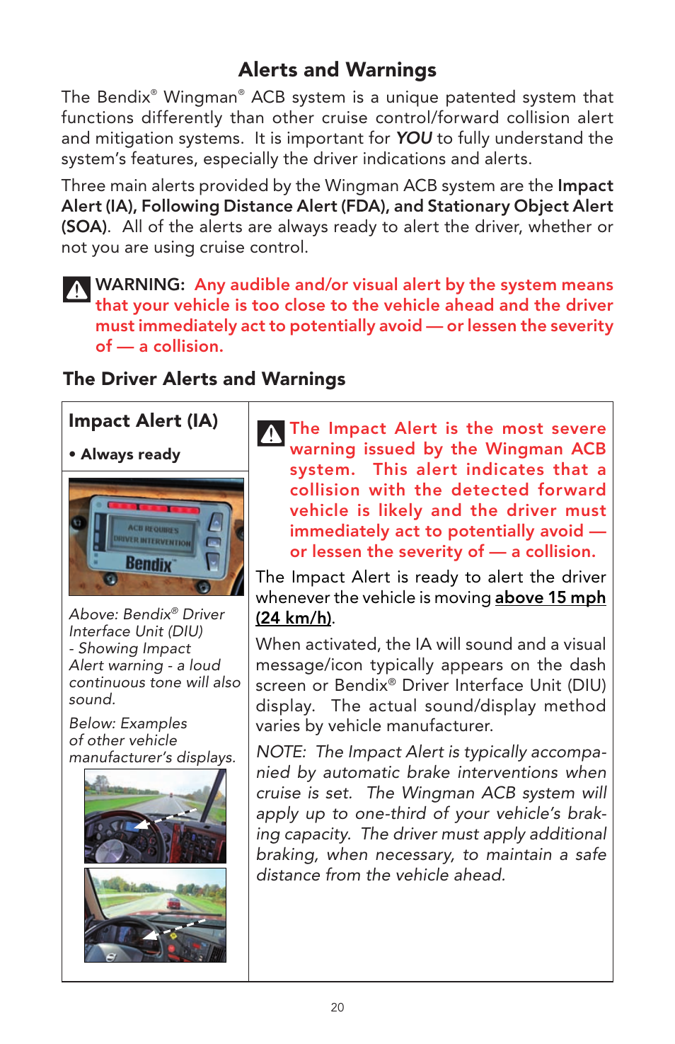 Alerts and warnings, The driver alerts and warnings impact alert (ia) | Bendix Commercial Vehicle Systems WINGMAN ACB User Manual | Page 20 / 28