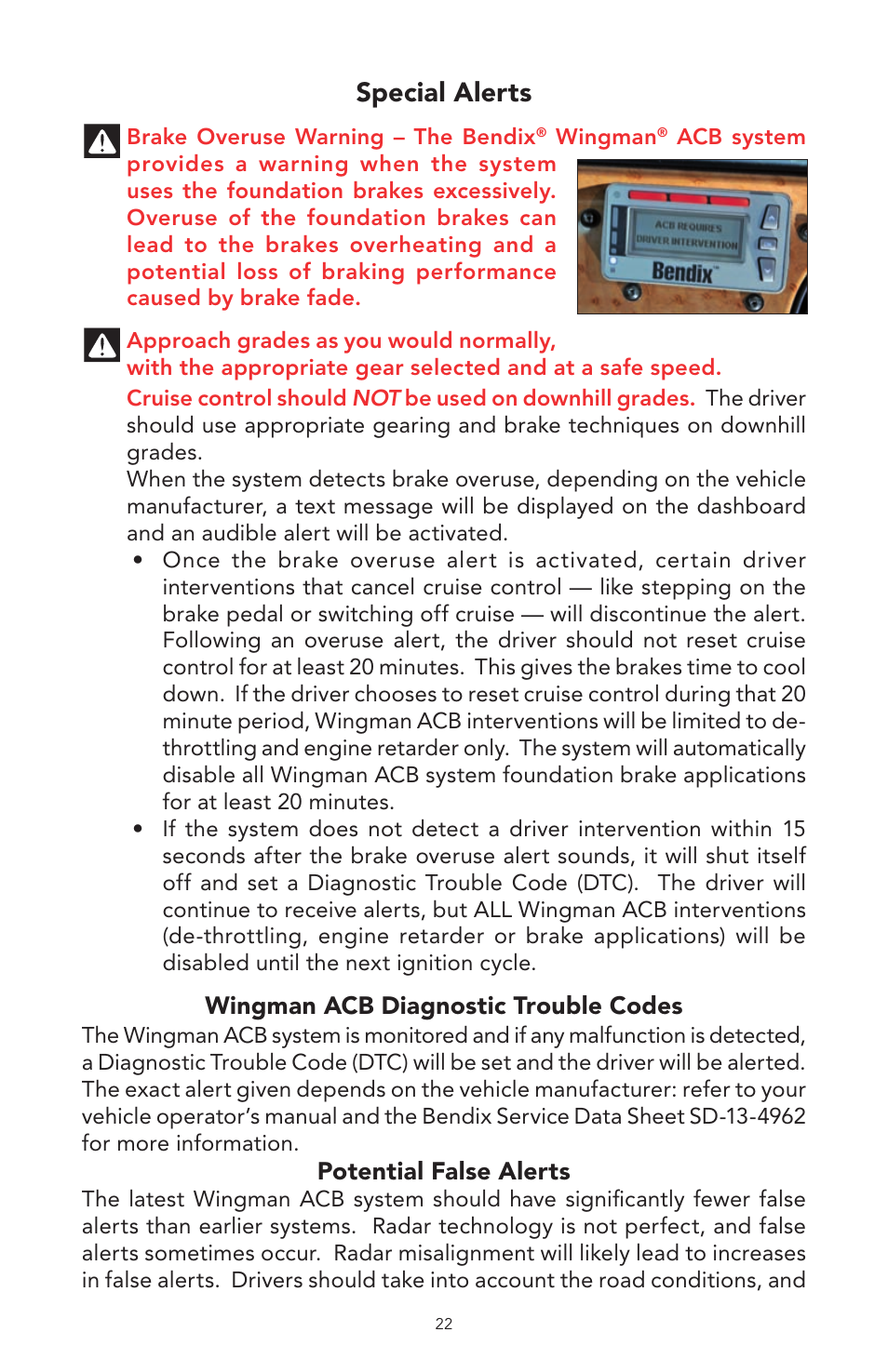 Special alerts | Bendix Commercial Vehicle Systems WINGMAN ACB User Manual | Page 22 / 28