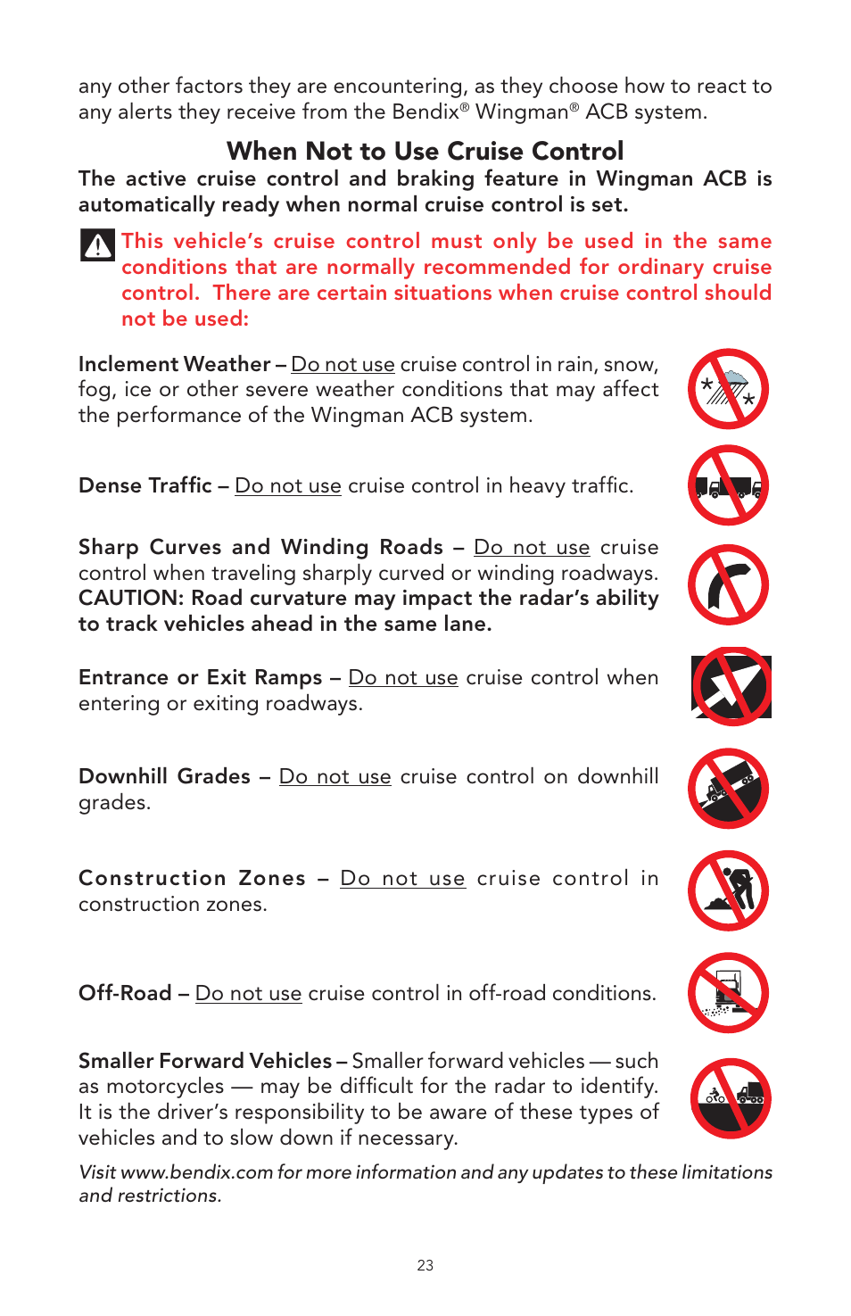 When not to use cruise control | Bendix Commercial Vehicle Systems WINGMAN ACB User Manual | Page 23 / 28
