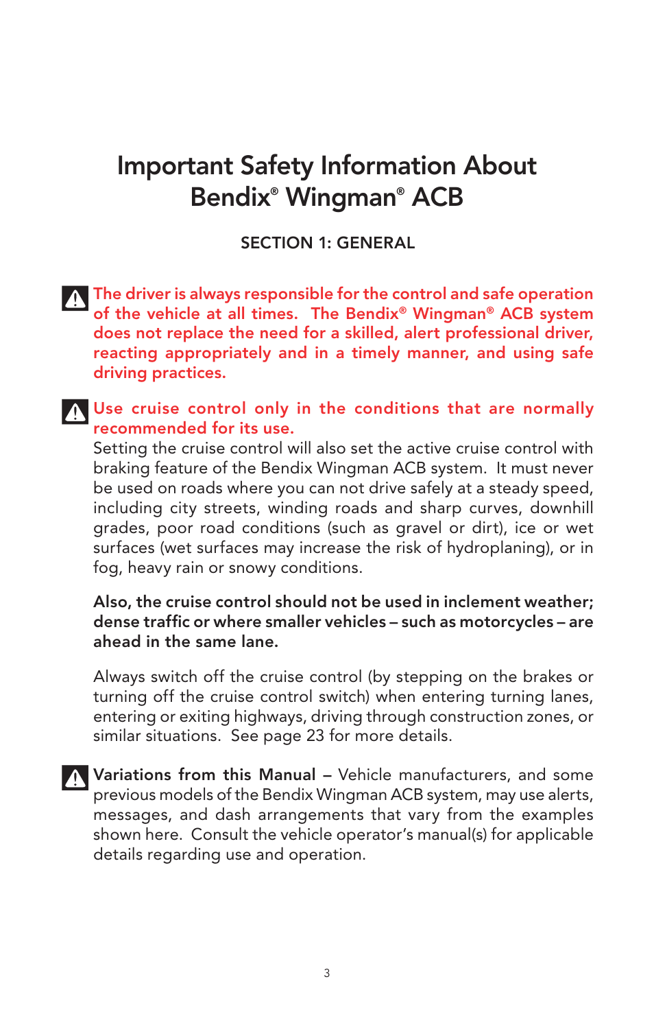 Important safety information about bendix, Wingman | Bendix Commercial Vehicle Systems WINGMAN ACB User Manual | Page 3 / 28