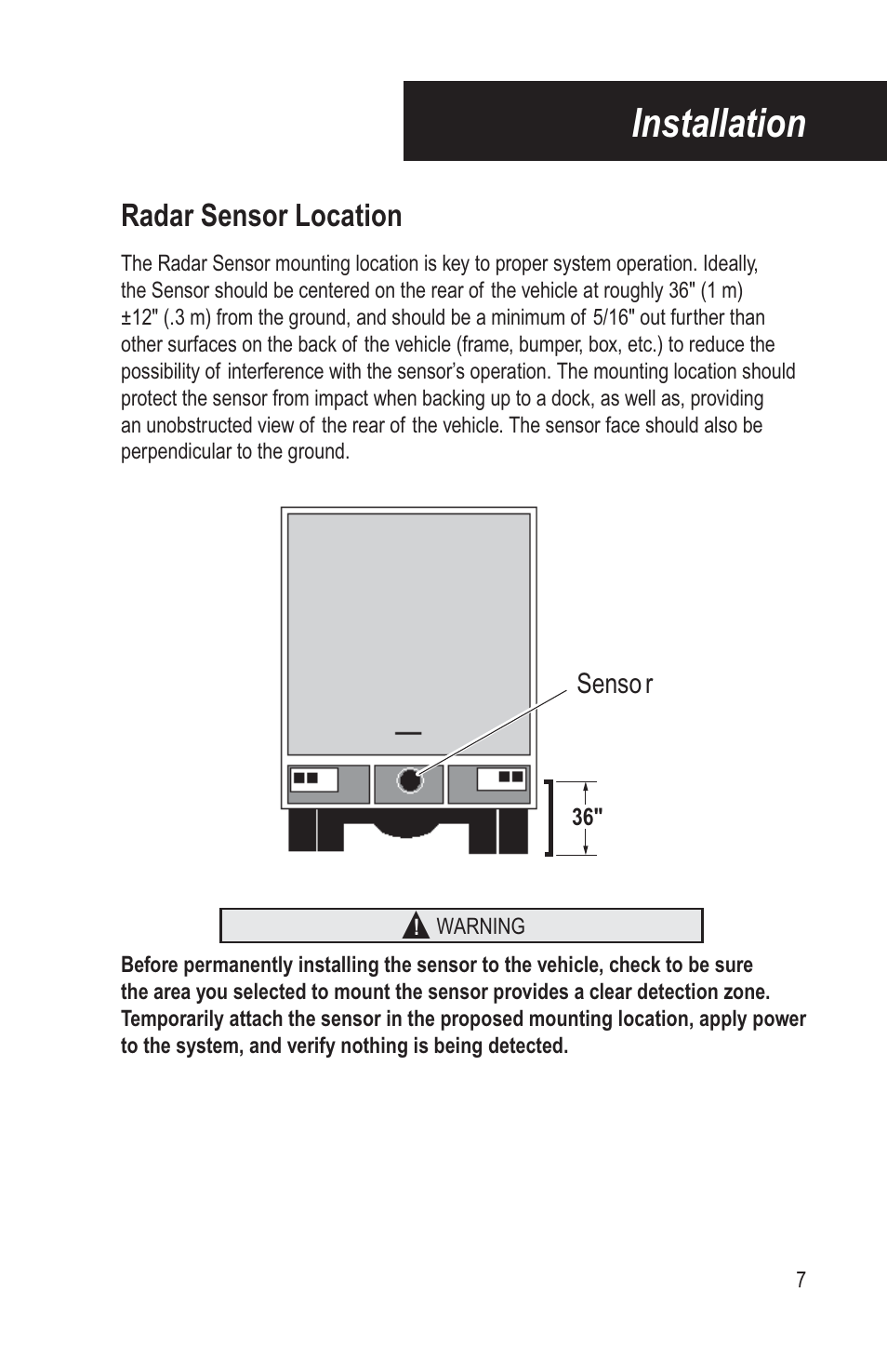 Installation, Radar sensor location | Bendix Commercial Vehicle Systems BACKSPOTTER User Manual | Page 11 / 25