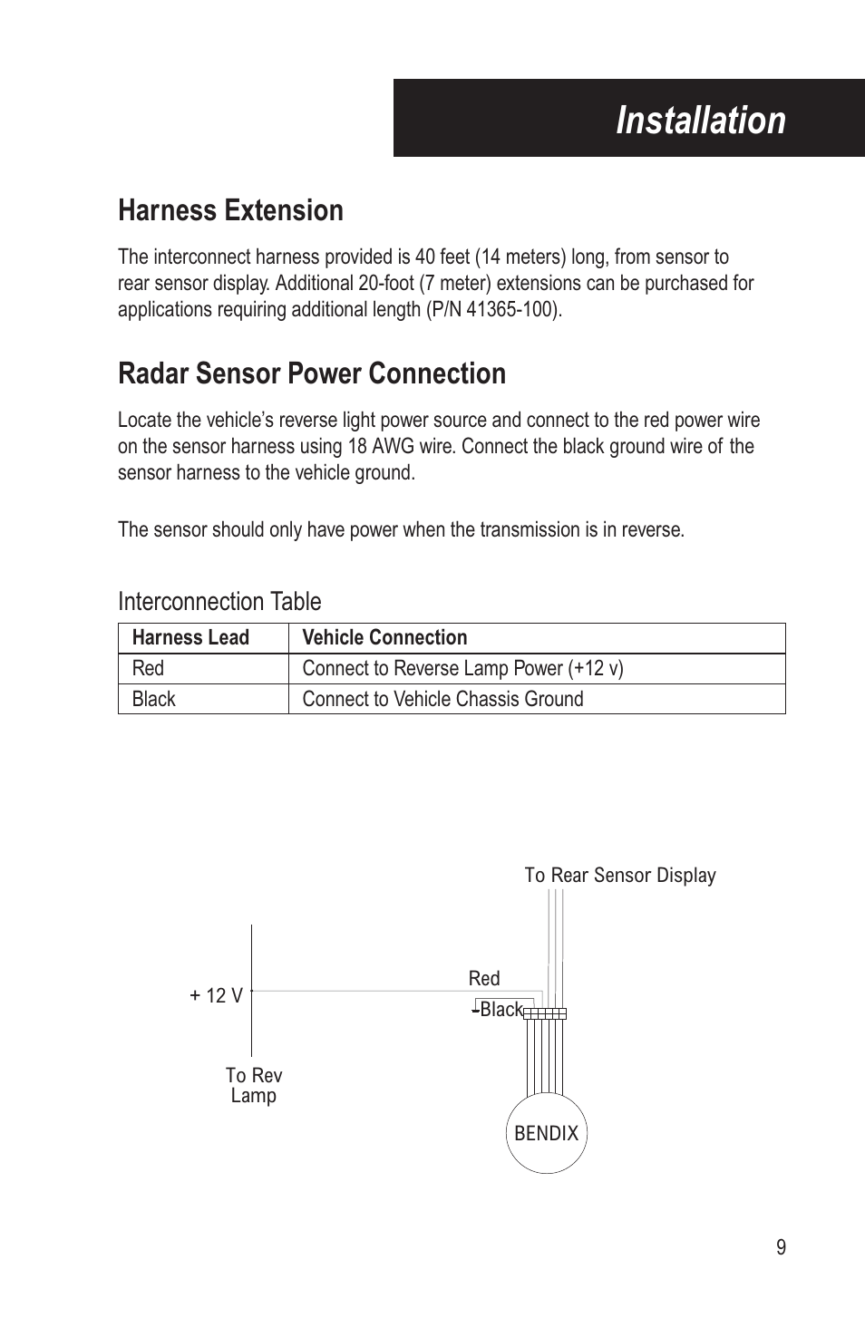 Installation, Harness extension, Radar sensor power connection | Bendix Commercial Vehicle Systems BACKSPOTTER User Manual | Page 13 / 25