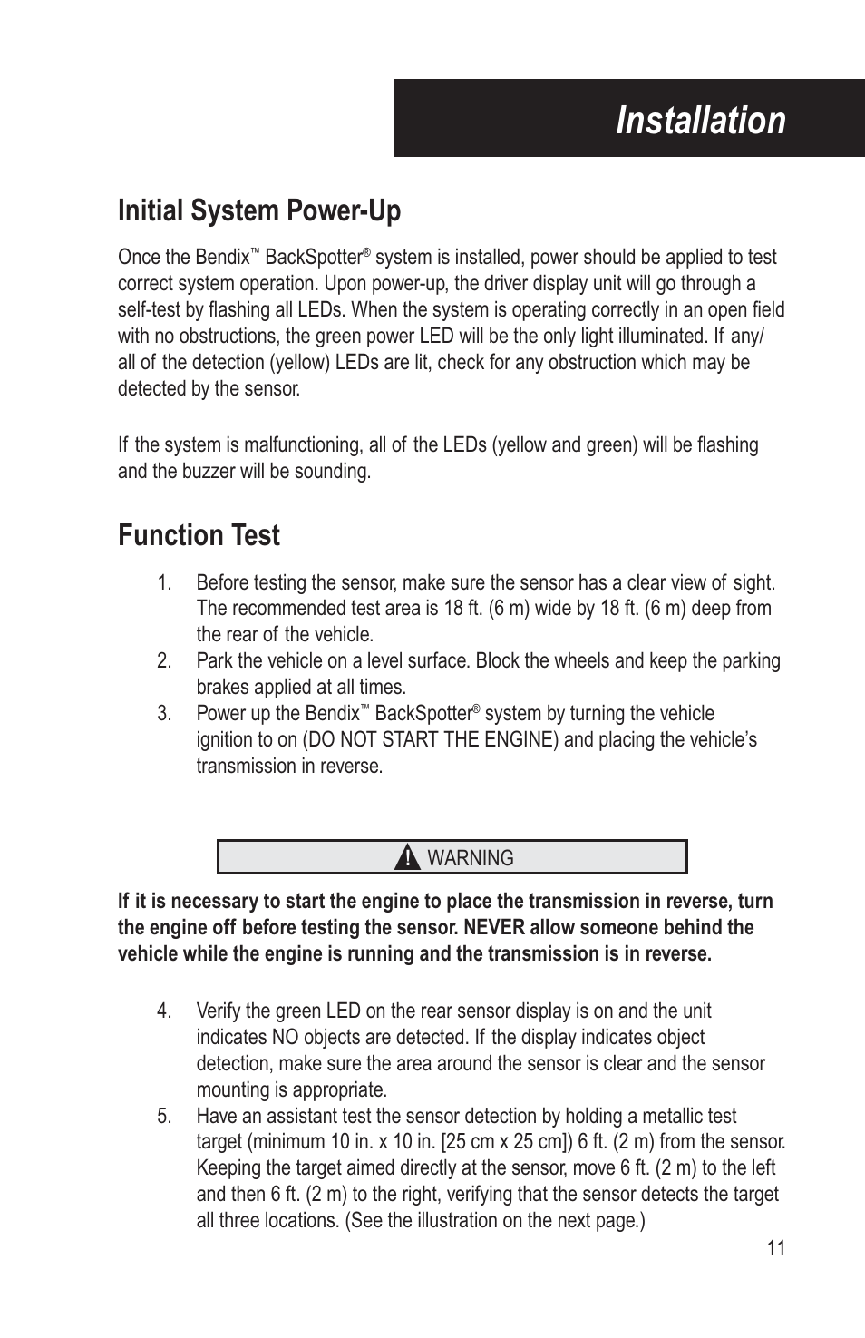 Installation, Initial system power-up, Function test | Bendix Commercial Vehicle Systems BACKSPOTTER User Manual | Page 15 / 25