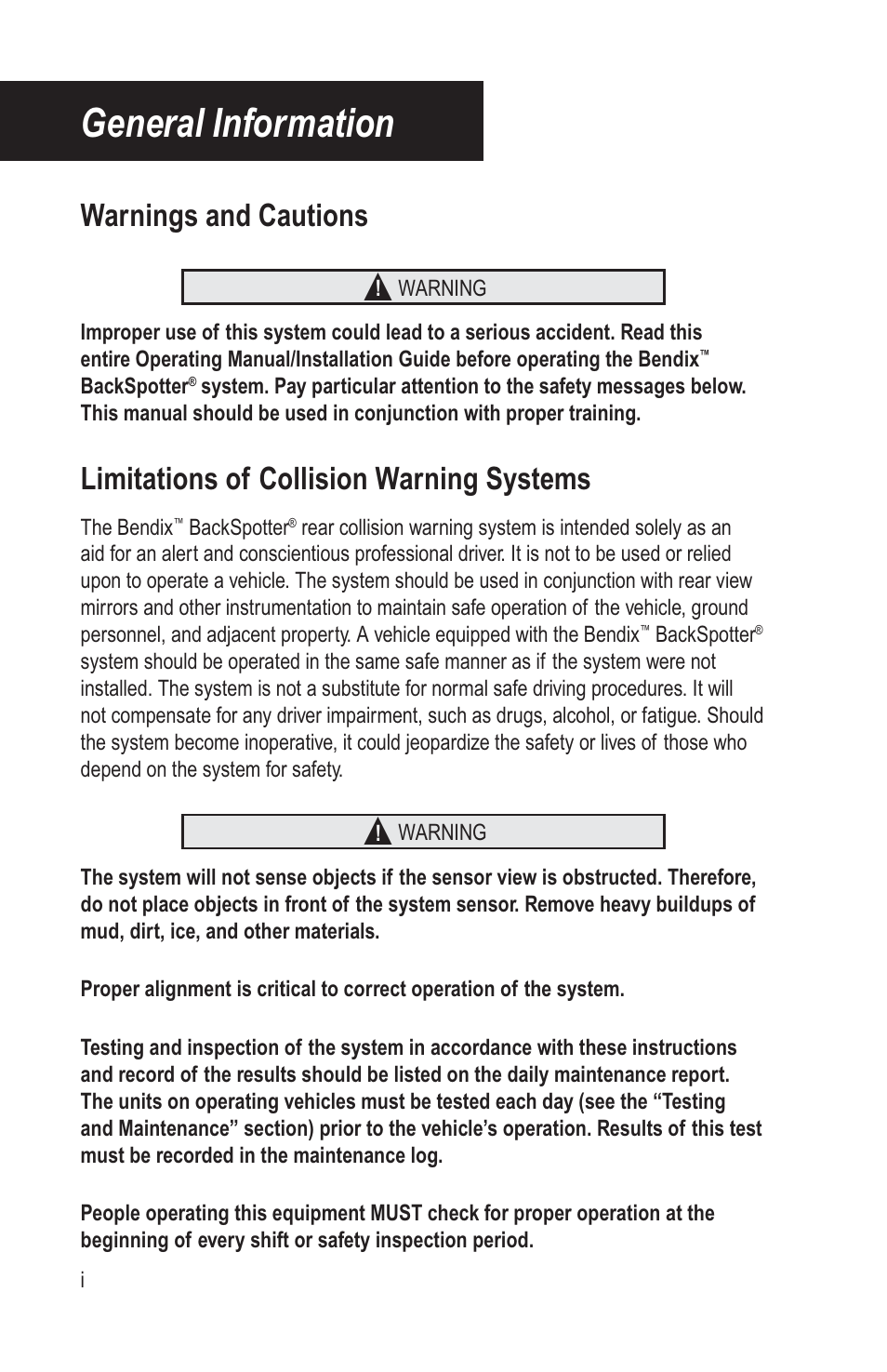 General information, Warnings and cautions, Limitations of collision warning systems | Bendix Commercial Vehicle Systems BACKSPOTTER User Manual | Page 2 / 25
