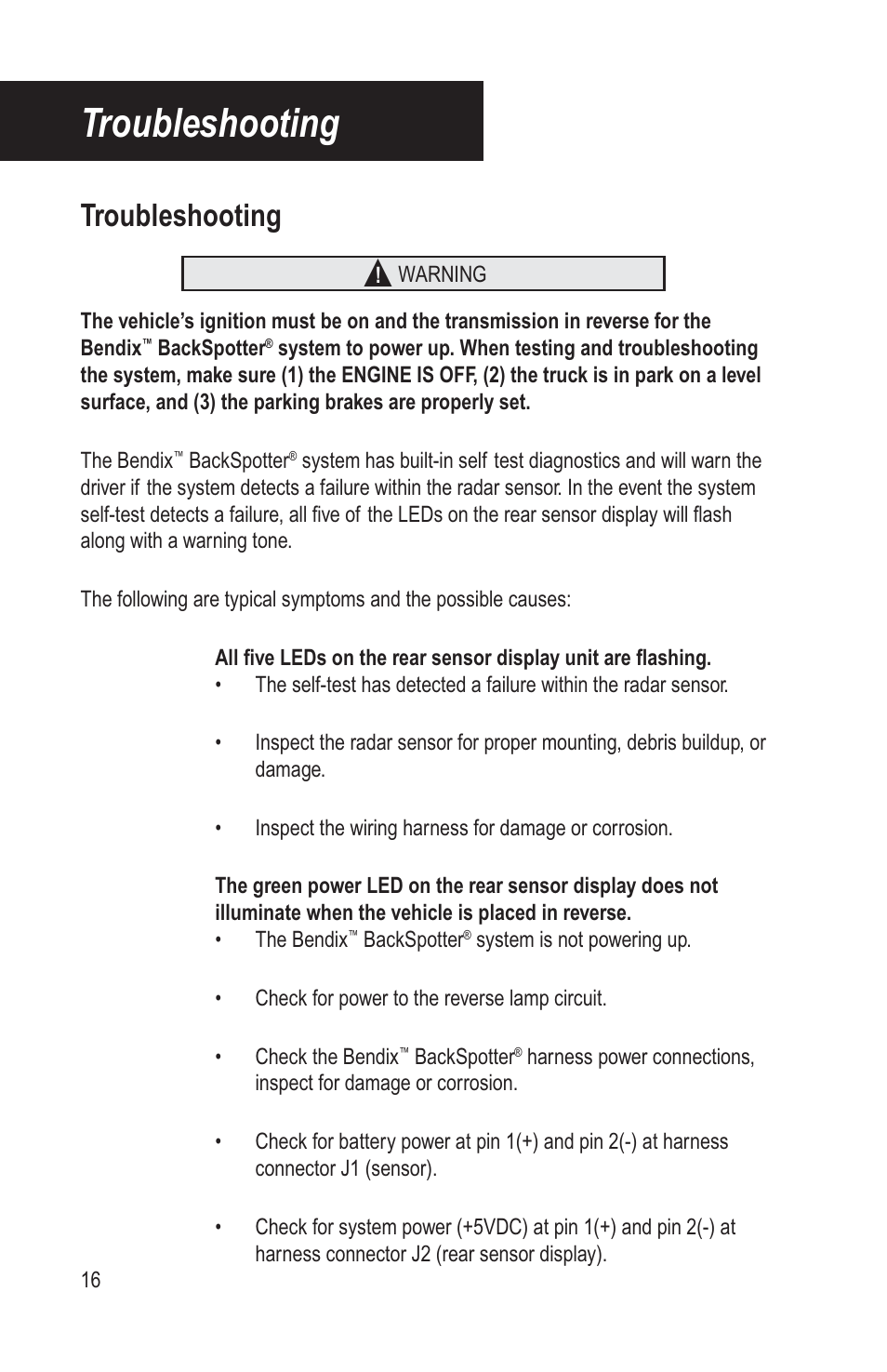 Troubleshooting | Bendix Commercial Vehicle Systems BACKSPOTTER User Manual | Page 20 / 25