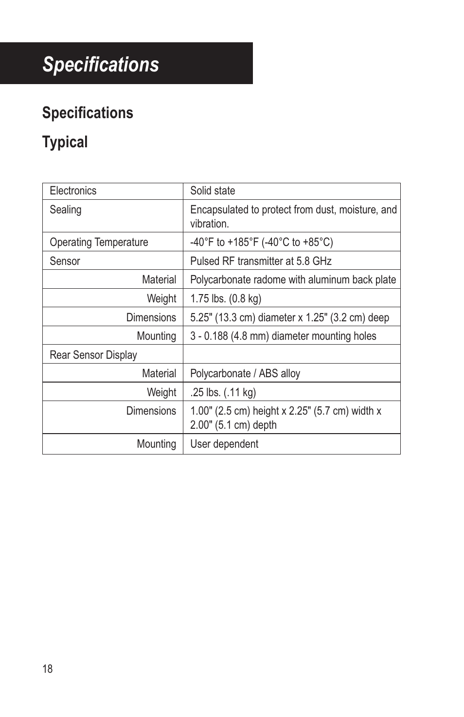 Specifi cations, Specifi cations typical | Bendix Commercial Vehicle Systems BACKSPOTTER User Manual | Page 22 / 25