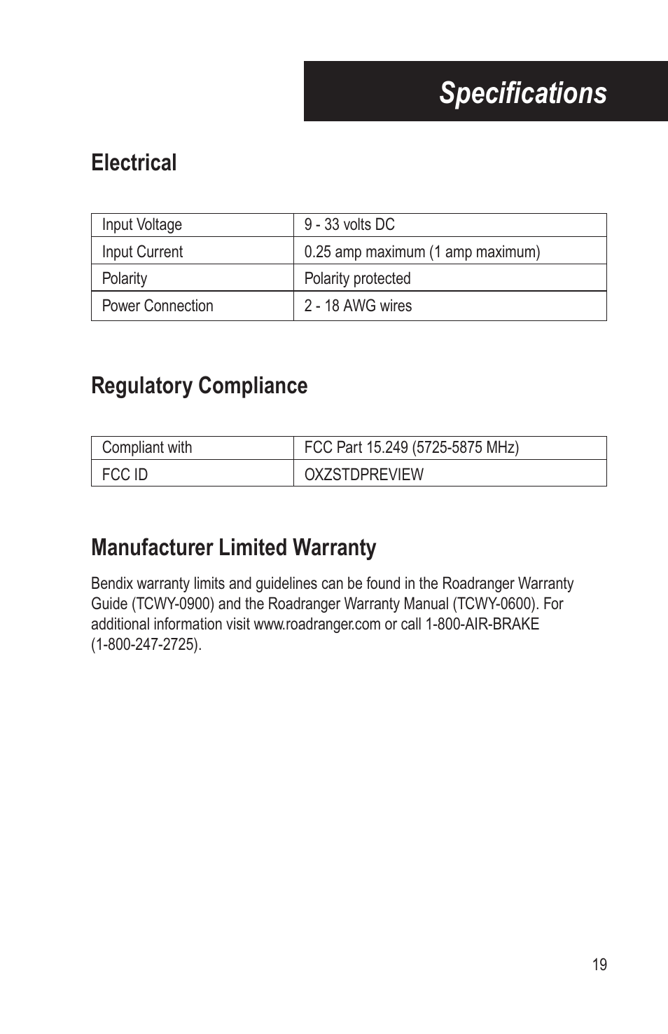 Specifi cations, Electrical regulatory compliance, Manufacturer limited warranty | Bendix Commercial Vehicle Systems BACKSPOTTER User Manual | Page 23 / 25