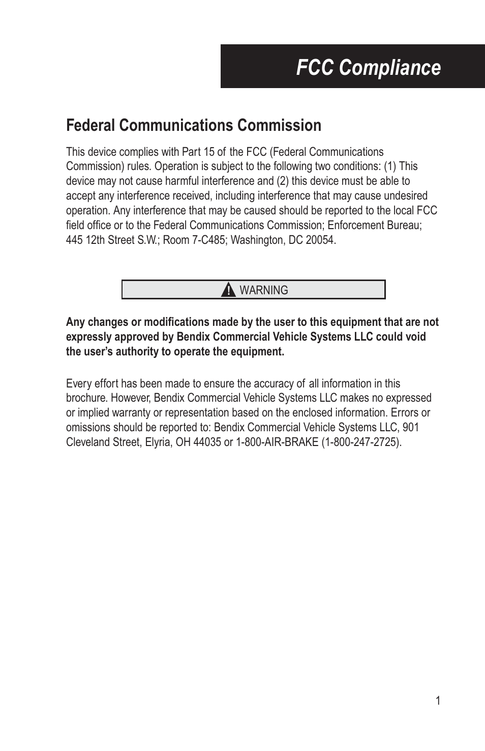 Fcc compliance, Federal communications commission | Bendix Commercial Vehicle Systems BACKSPOTTER User Manual | Page 5 / 25