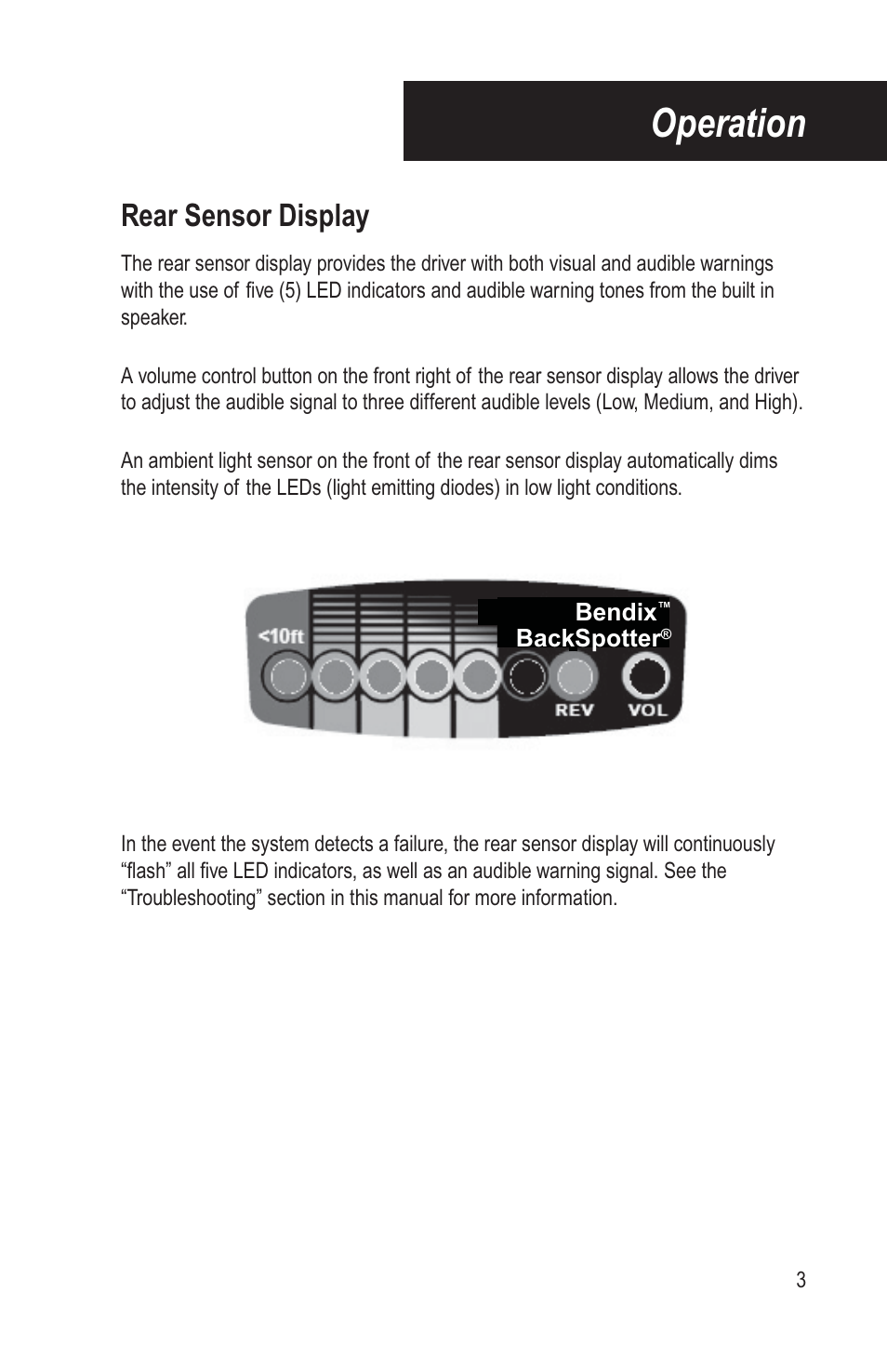 Operation, Rear sensor display | Bendix Commercial Vehicle Systems BACKSPOTTER User Manual | Page 7 / 25