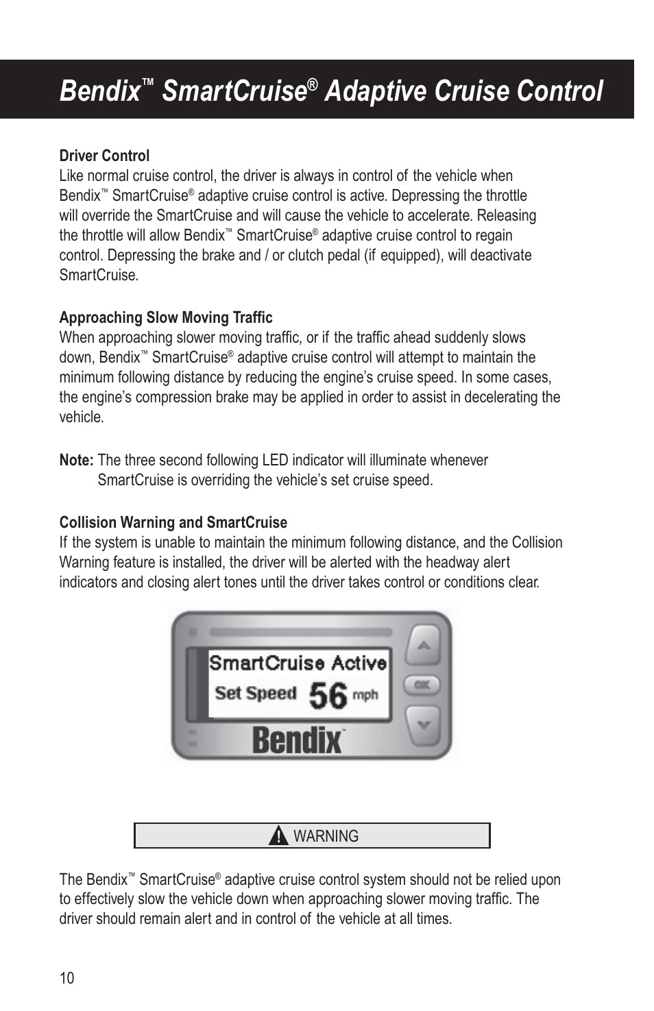 Bendix, Smartcruise, Adaptive cruise control | Bendix Commercial Vehicle Systems VORAD DRIVER User Manual | Page 15 / 30