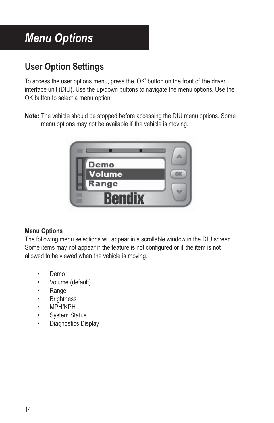 Menu options, User option settings | Bendix Commercial Vehicle Systems VORAD DRIVER User Manual | Page 19 / 30