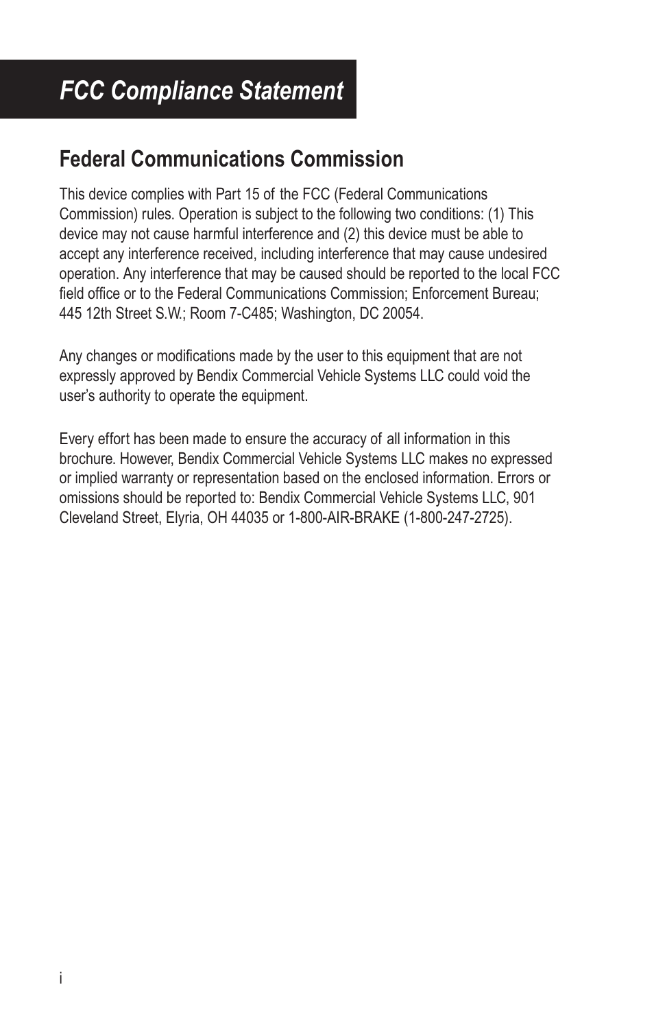 Fcc compliance statement, Federal communications commission | Bendix Commercial Vehicle Systems VORAD DRIVER User Manual | Page 2 / 30