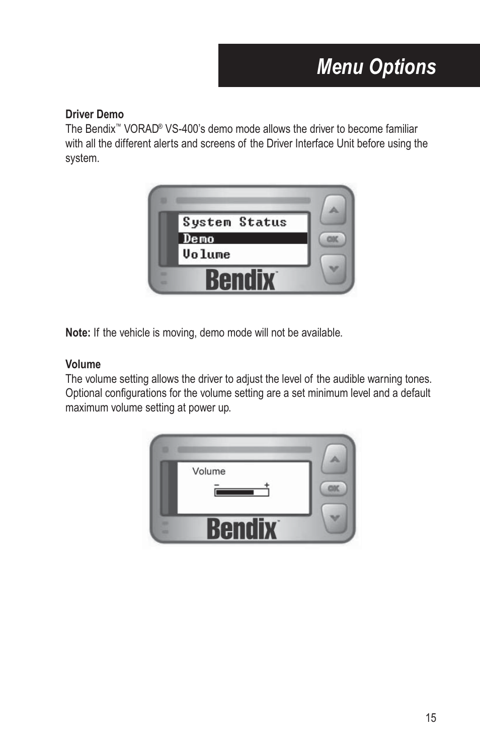 Menu options | Bendix Commercial Vehicle Systems VORAD DRIVER User Manual | Page 20 / 30