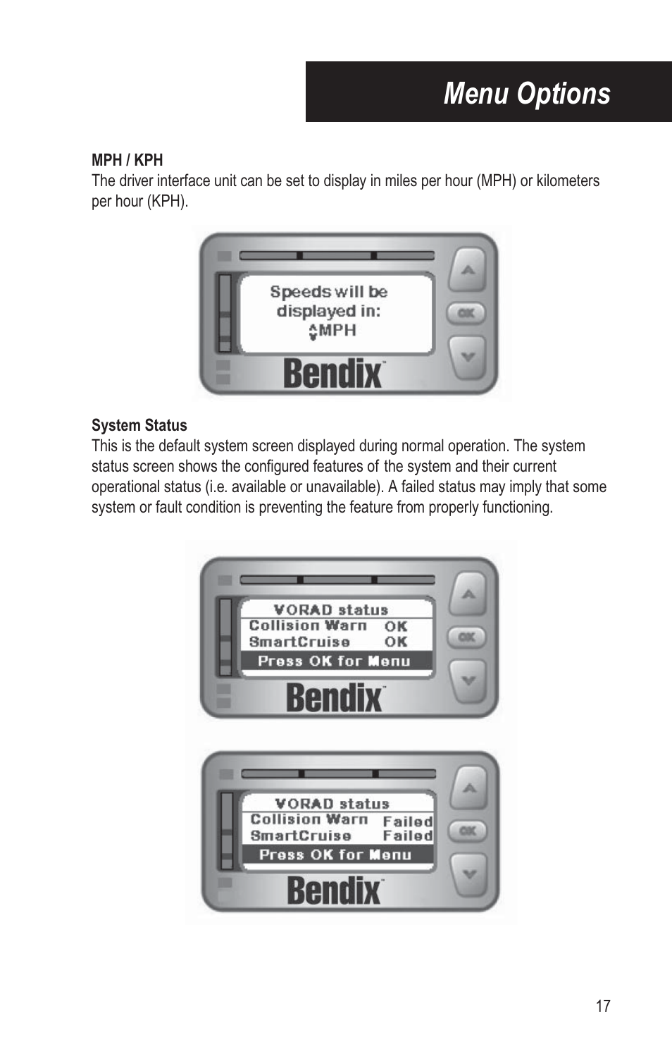 Menu options | Bendix Commercial Vehicle Systems VORAD DRIVER User Manual | Page 22 / 30