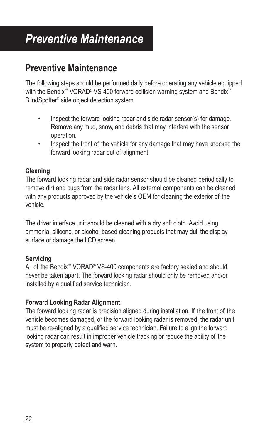 Preventive maintenance | Bendix Commercial Vehicle Systems VORAD DRIVER User Manual | Page 27 / 30