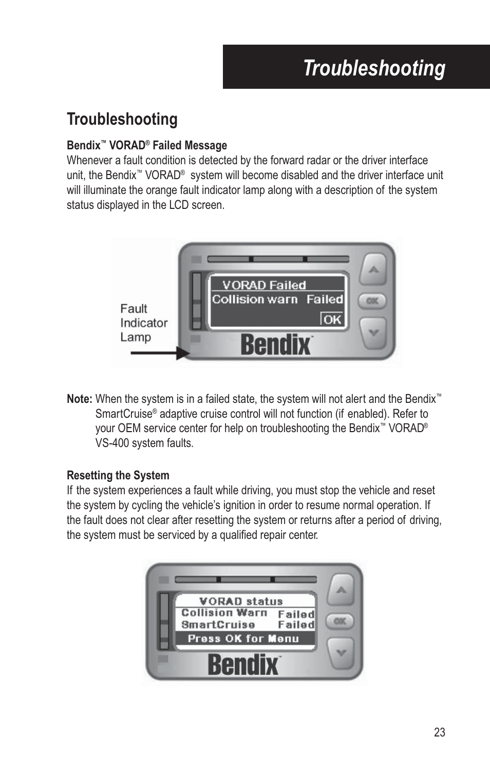 Troubleshooting | Bendix Commercial Vehicle Systems VORAD DRIVER User Manual | Page 28 / 30