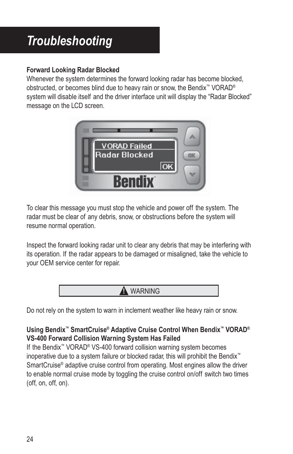 Troubleshooting | Bendix Commercial Vehicle Systems VORAD DRIVER User Manual | Page 29 / 30