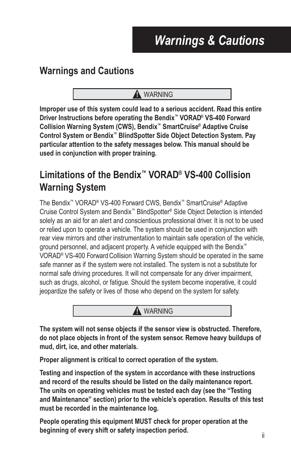Warnings & cautions, Warnings and cautions, Limitations of the bendix | Vorad, Vs-400 collision warning system | Bendix Commercial Vehicle Systems VORAD DRIVER User Manual | Page 3 / 30