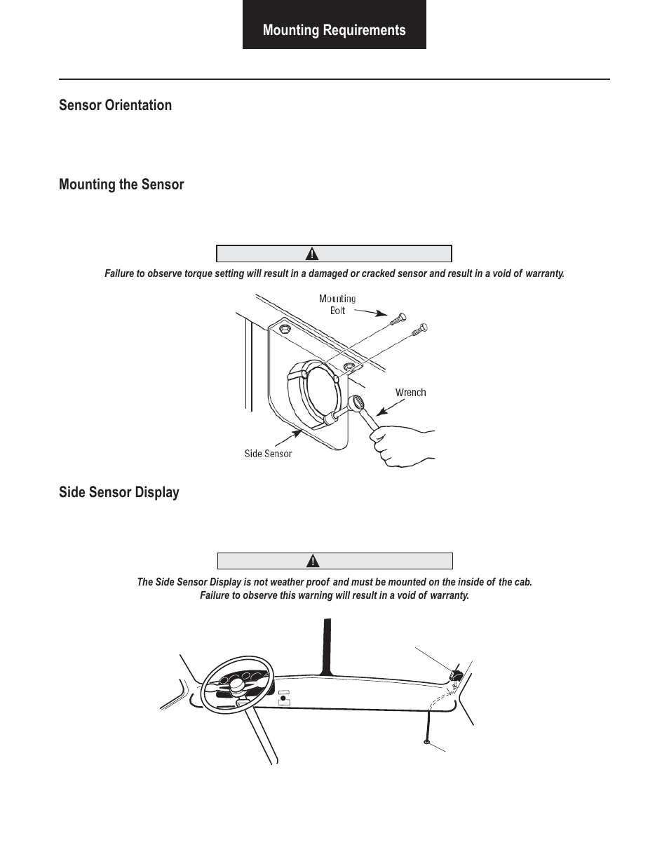 Mounting requirements sensor orientation, Mounting the sensor, Side sensor display | Bendix Commercial Vehicle Systems VORAD VS-400 SYSTEM INSTALL GUIDE User Manual | Page 22 / 49