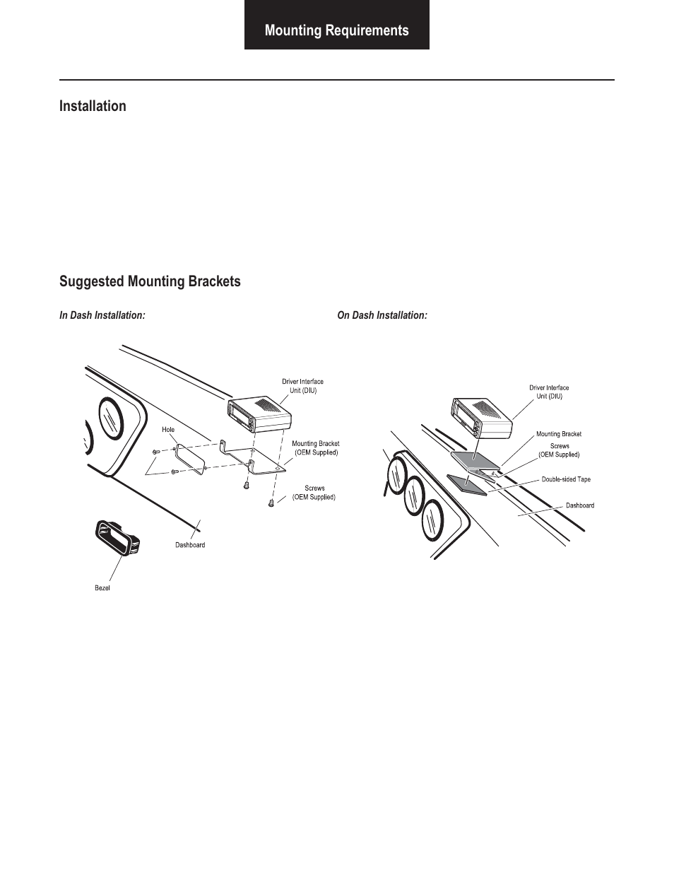 Mounting requirements installation, Suggested mounting brackets | Bendix Commercial Vehicle Systems VORAD VS-400 SYSTEM INSTALL GUIDE User Manual | Page 24 / 49