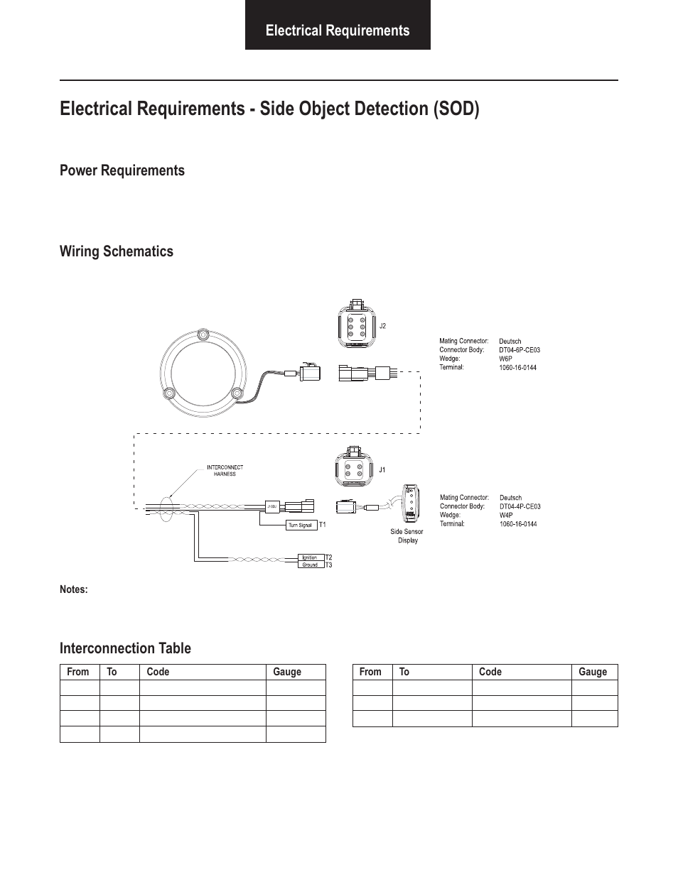 Electrical requirements, Power requirements, Wiring schematics | Interconnection table | Bendix Commercial Vehicle Systems VORAD VS-400 SYSTEM INSTALL GUIDE User Manual | Page 29 / 49