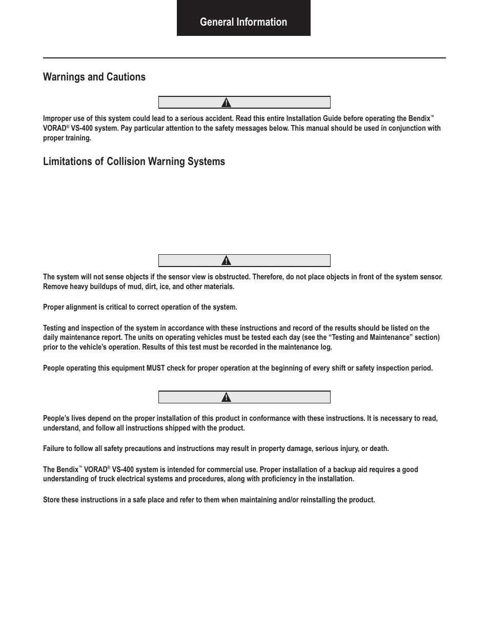 General information, Warnings and cautions, Limitations of collision warning systems | Bendix Commercial Vehicle Systems VORAD VS-400 SYSTEM INSTALL GUIDE User Manual | Page 3 / 49