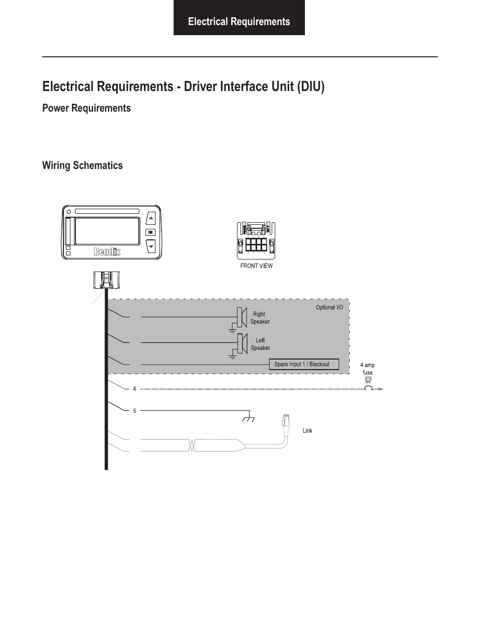 Electrical requirements, Power requirements, Wiring schematics | Bendix Commercial Vehicle Systems VORAD VS-400 SYSTEM INSTALL GUIDE User Manual | Page 31 / 49