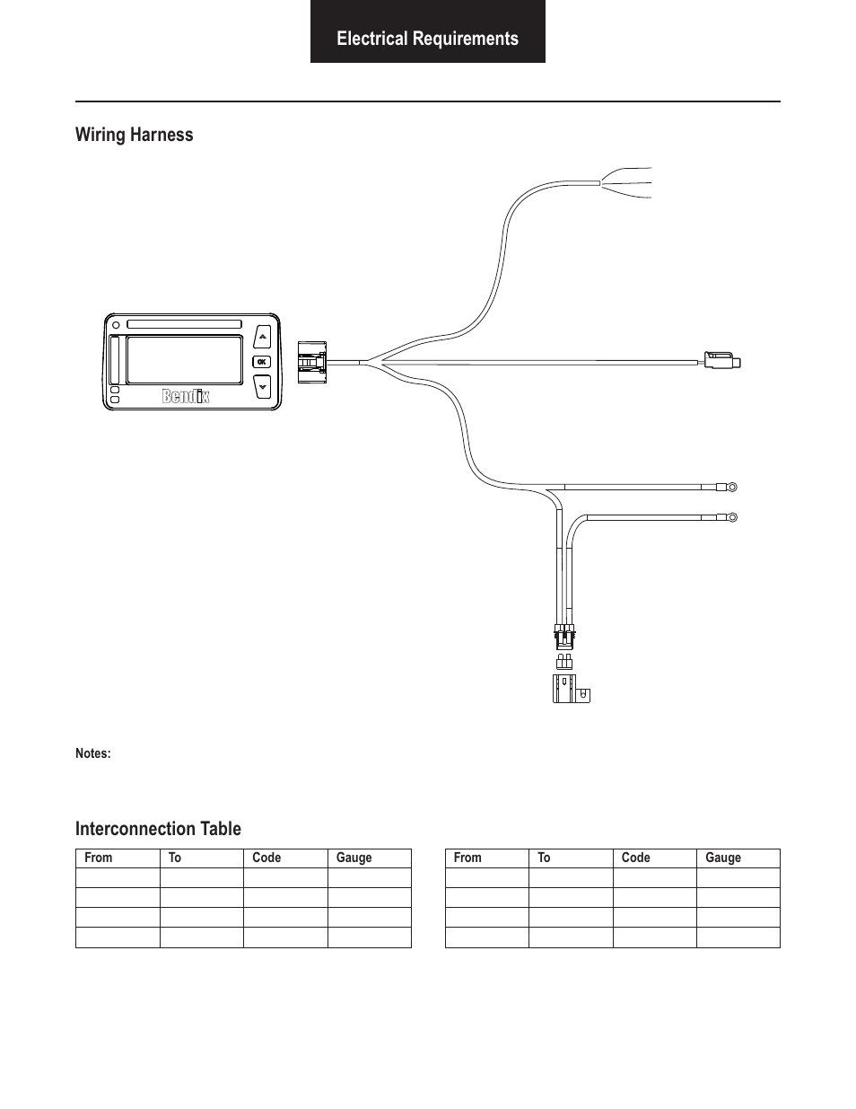 Electrical requirements wiring harness, Interconnection table | Bendix Commercial Vehicle Systems VORAD VS-400 SYSTEM INSTALL GUIDE User Manual | Page 32 / 49