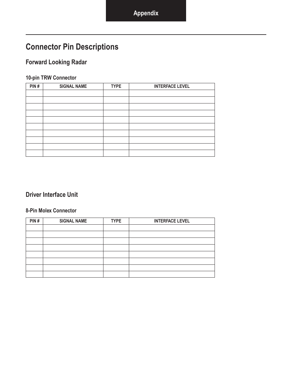 Connector pin descriptions, Appendix, Forward looking radar | Driver interface unit | Bendix Commercial Vehicle Systems VORAD VS-400 SYSTEM INSTALL GUIDE User Manual | Page 46 / 49