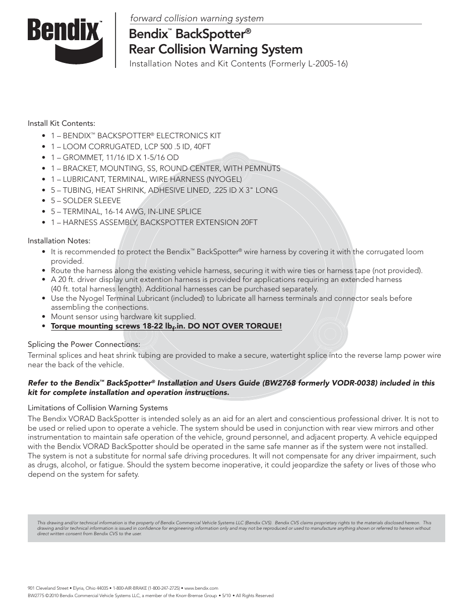Bendix Commercial Vehicle Systems BACKSPOTTER INSTALLATION NOTES User Manual | 1 page
