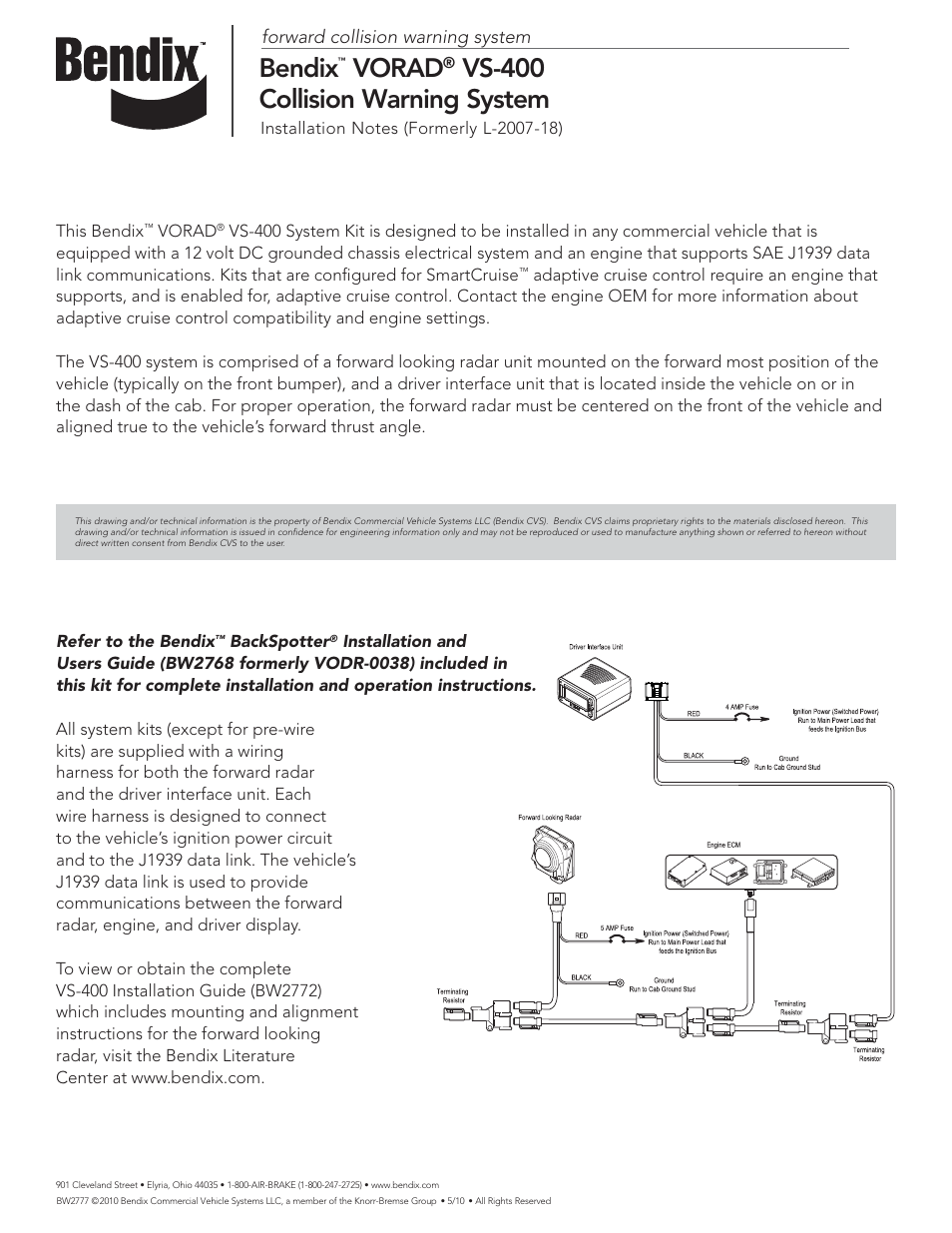Bendix Commercial Vehicle Systems VORAD VS-400 INSTALLATION NOTES User Manual | 1 page