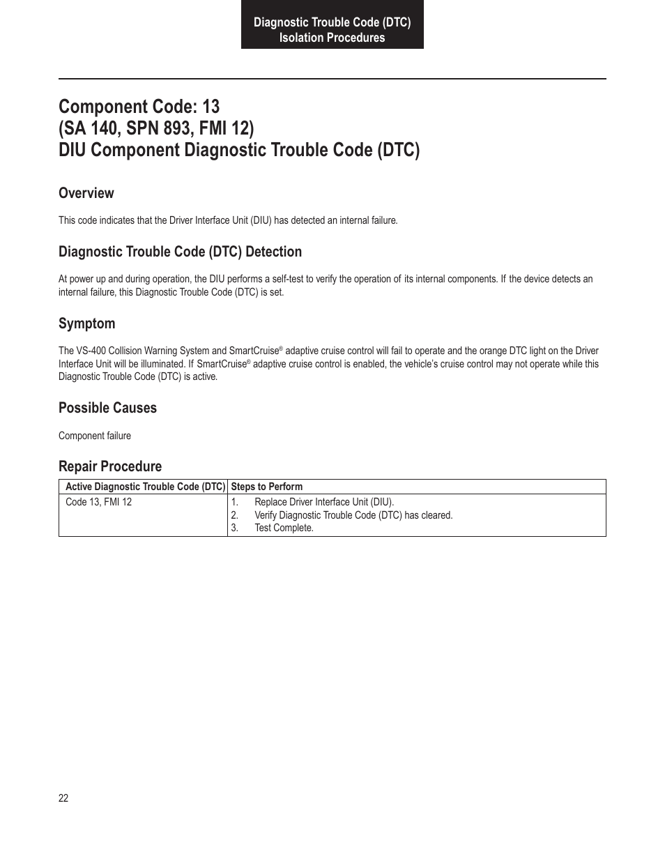 Overview, Diagnostic trouble code (dtc) detection, Symptom | Possible causes, Repair procedure | Bendix Commercial Vehicle Systems VORAD VS-400 INSTALLATION NOTES User Manual | Page 24 / 54