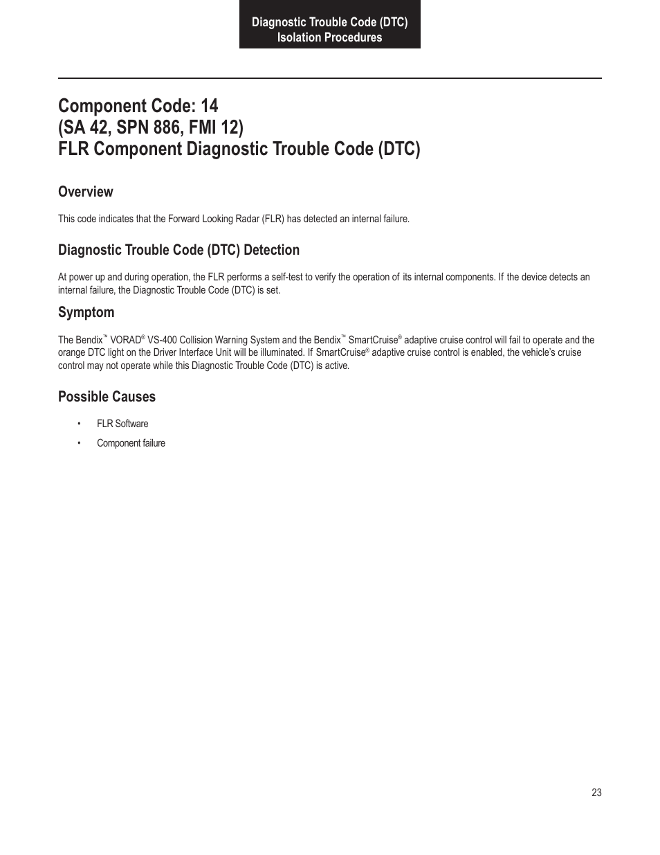 Overview, Diagnostic trouble code (dtc) detection, Symptom | Possible causes | Bendix Commercial Vehicle Systems VORAD VS-400 INSTALLATION NOTES User Manual | Page 25 / 54