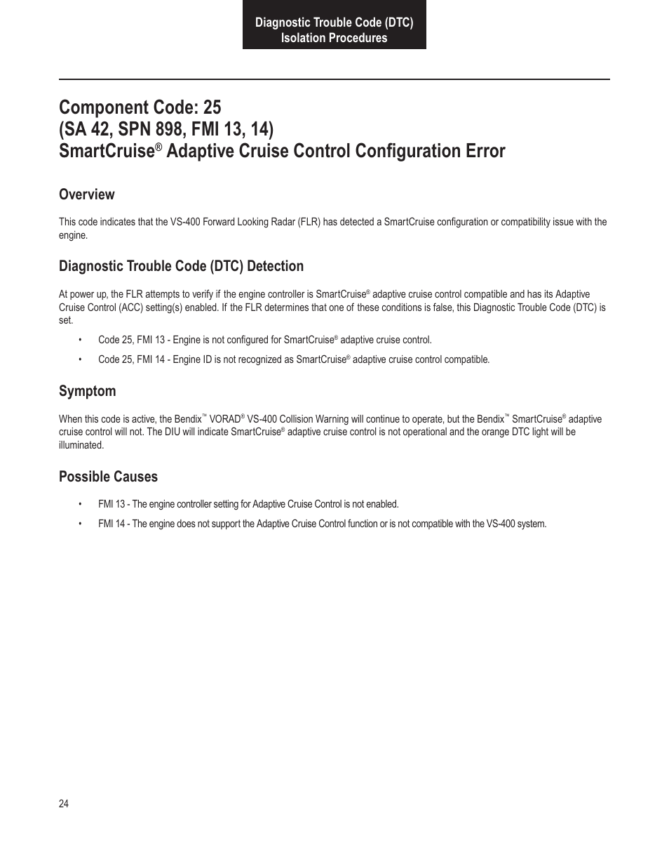 Adaptive cruise control configuration error, Overview, Diagnostic trouble code (dtc) detection | Symptom, Possible causes | Bendix Commercial Vehicle Systems VORAD VS-400 INSTALLATION NOTES User Manual | Page 26 / 54