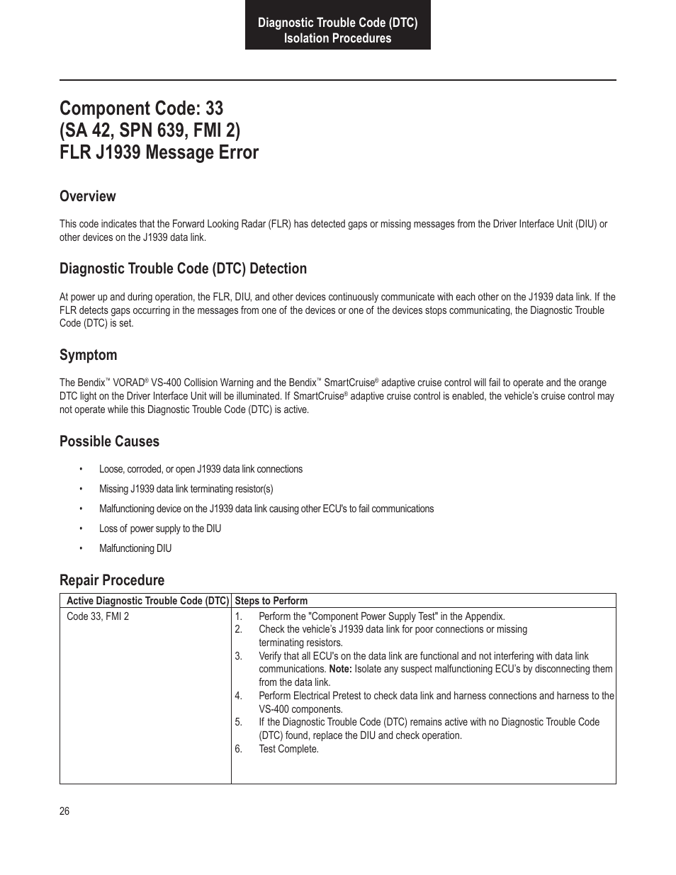 Overview, Diagnostic trouble code (dtc) detection, Symptom | Possible causes, Repair procedure | Bendix Commercial Vehicle Systems VORAD VS-400 INSTALLATION NOTES User Manual | Page 28 / 54