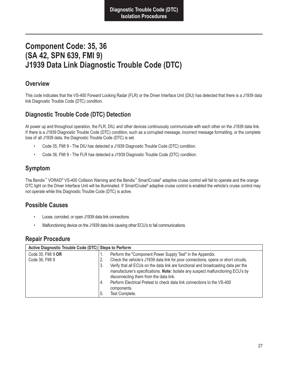 Overview, Diagnostic trouble code (dtc) detection, Symptom | Possible causes, Repair procedure | Bendix Commercial Vehicle Systems VORAD VS-400 INSTALLATION NOTES User Manual | Page 29 / 54