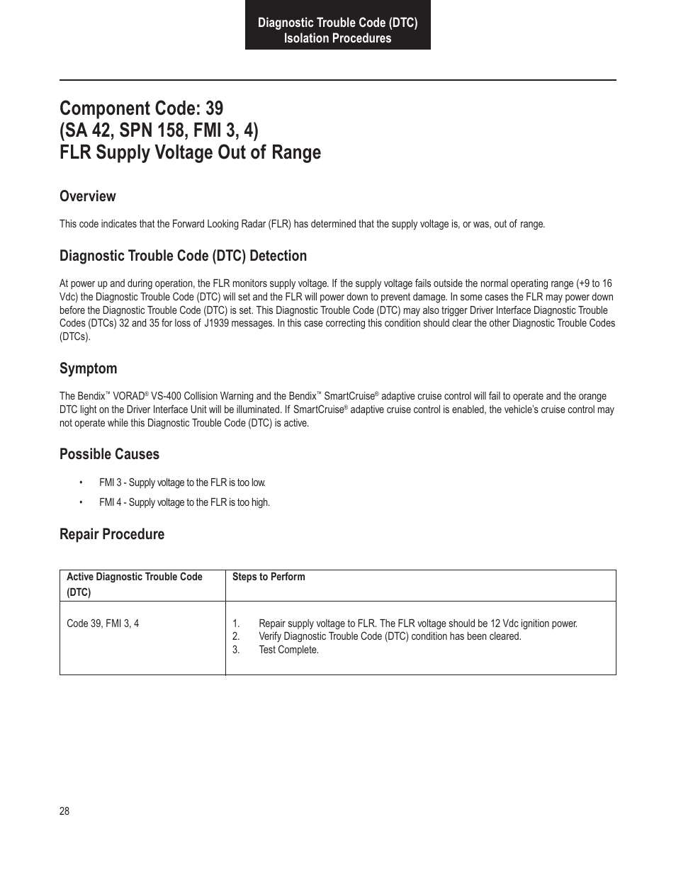 Overview, Diagnostic trouble code (dtc) detection, Symptom | Possible causes, Repair procedure | Bendix Commercial Vehicle Systems VORAD VS-400 INSTALLATION NOTES User Manual | Page 30 / 54