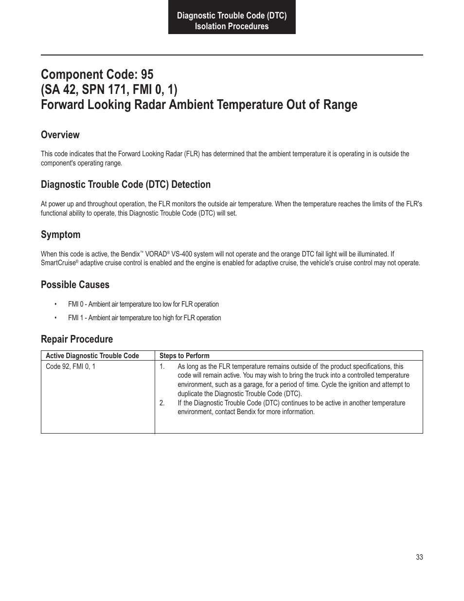 Overview, Diagnostic trouble code (dtc) detection, Symptom | Possible causes, Repair procedure | Bendix Commercial Vehicle Systems VORAD VS-400 INSTALLATION NOTES User Manual | Page 35 / 54