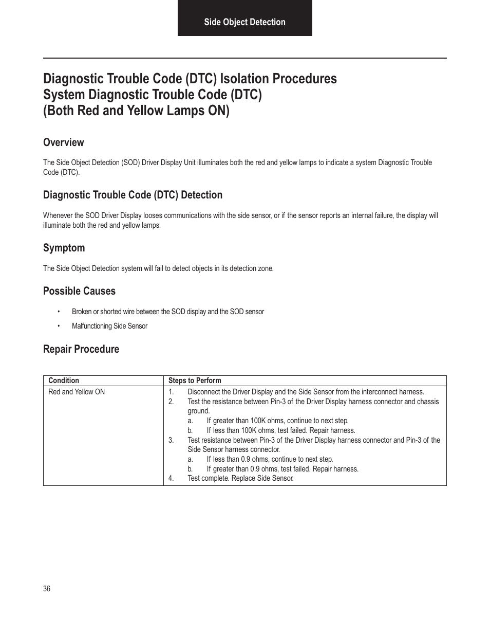 Overview, Diagnostic trouble code (dtc) detection, Symptom | Possible causes, Repair procedure | Bendix Commercial Vehicle Systems VORAD VS-400 INSTALLATION NOTES User Manual | Page 38 / 54