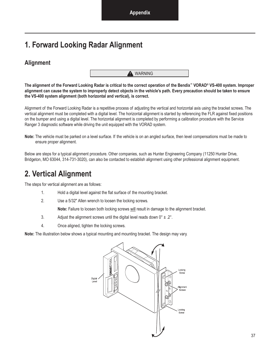 Forward looking radar alignment, Vertical alignment, Alignment | Bendix Commercial Vehicle Systems VORAD VS-400 INSTALLATION NOTES User Manual | Page 39 / 54