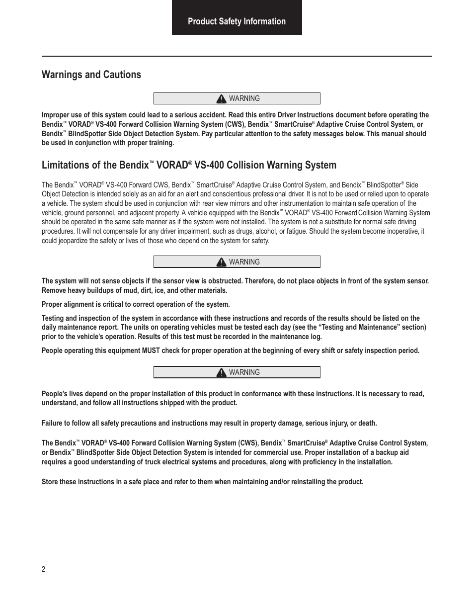 Warnings and cautions, Limitations of the bendix, Vorad | Vs-400 collision warning system, Product safety information | Bendix Commercial Vehicle Systems VORAD VS-400 INSTALLATION NOTES User Manual | Page 4 / 54