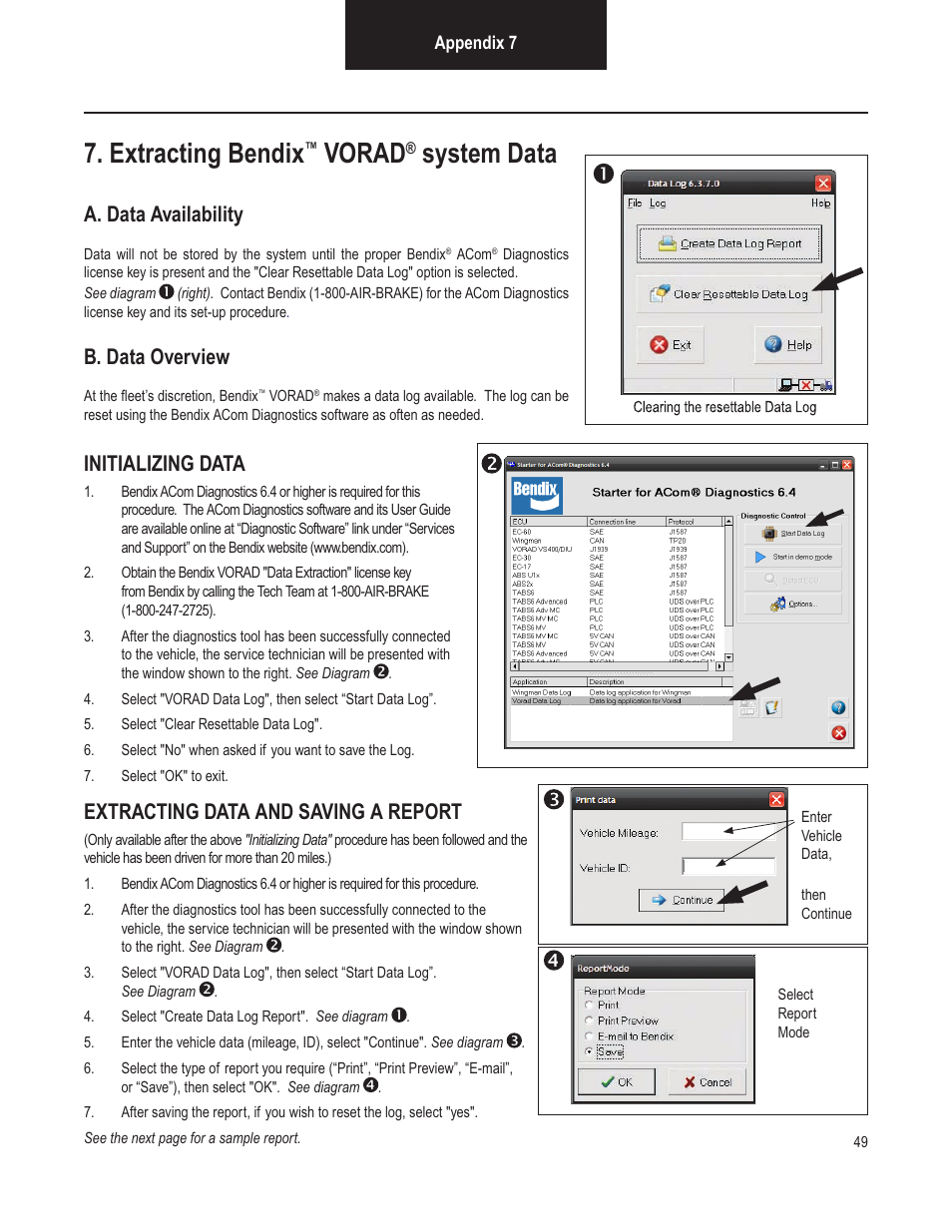 Extracting bendix, Vorad, System data | A. data availability, B. data overview, Initializing data, Extracting data and saving a report | Bendix Commercial Vehicle Systems VORAD VS-400 INSTALLATION NOTES User Manual | Page 51 / 54