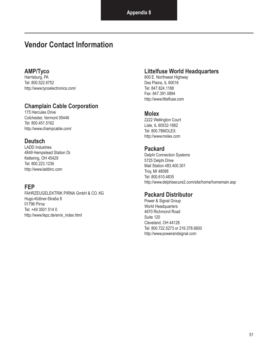 Vendor contact information | Bendix Commercial Vehicle Systems VORAD VS-400 INSTALLATION NOTES User Manual | Page 53 / 54