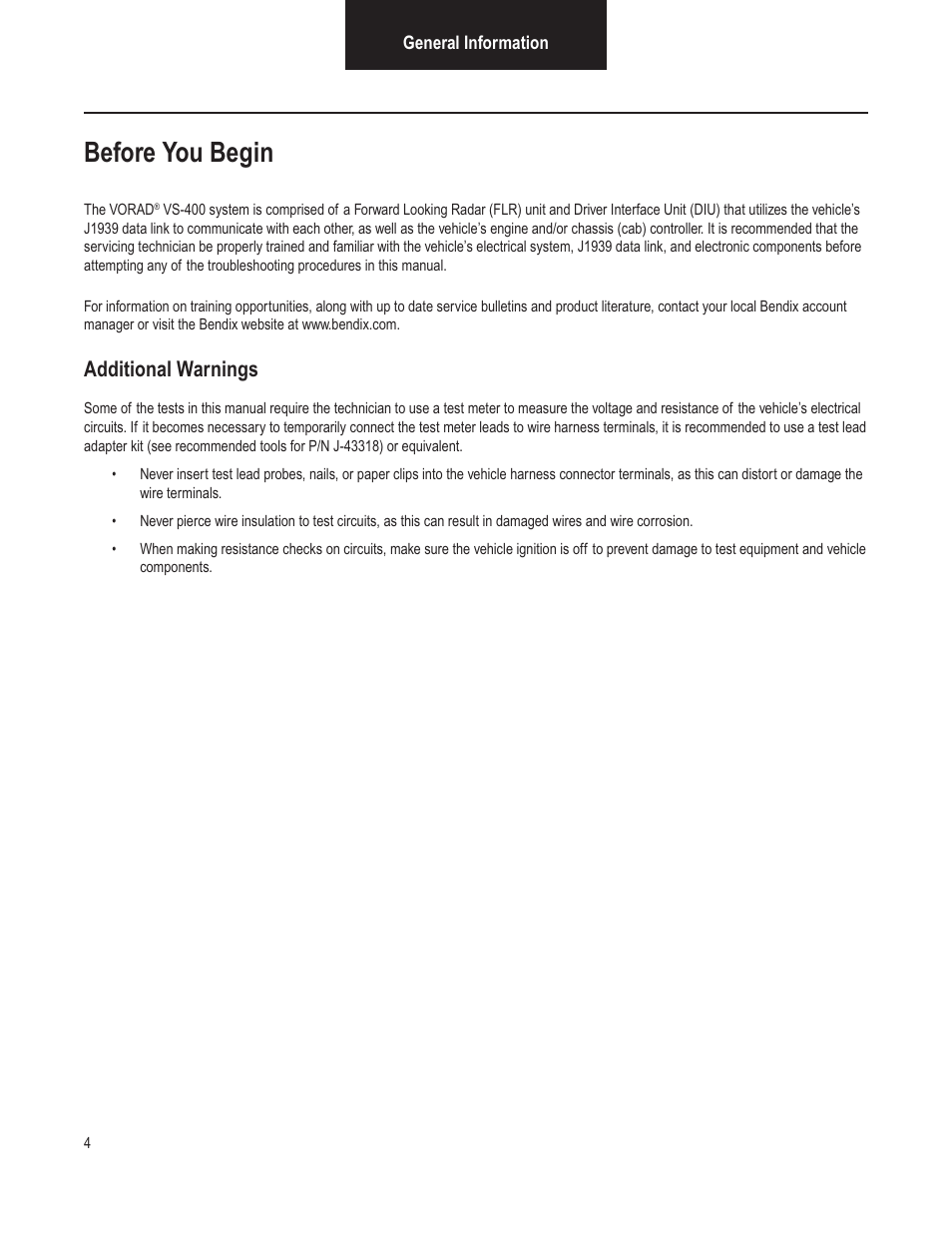 Before you begin, Additional warnings | Bendix Commercial Vehicle Systems VORAD VS-400 INSTALLATION NOTES User Manual | Page 6 / 54